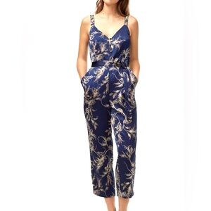 aritzia Little Moon Petunia Jungle Print Silky Button Blue Floral Jumpsuit